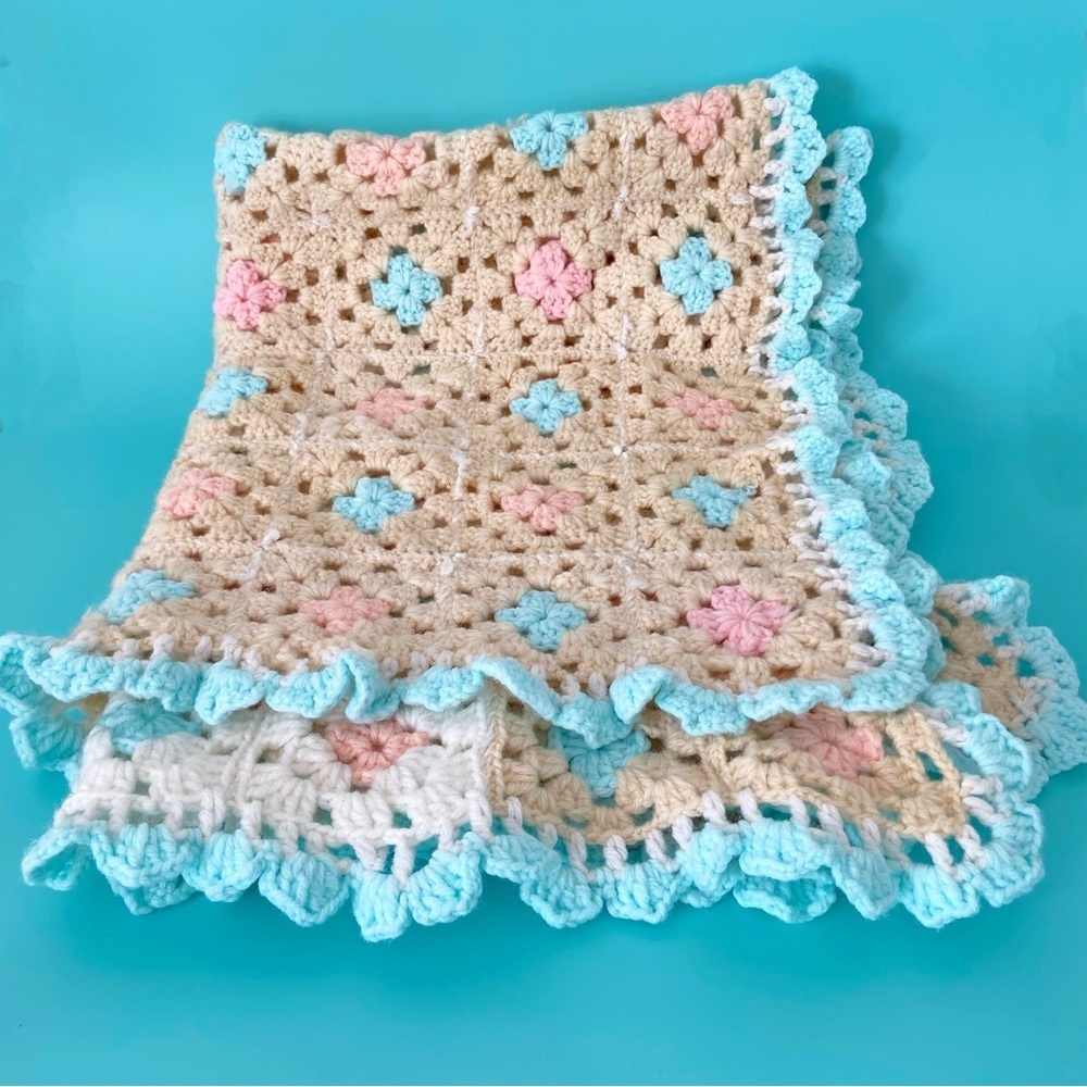 Vintage crochet knit throw blanket pastel baby nursery